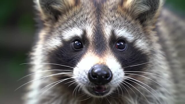 Close Up of Raccoon's Face with Gray Fur and Black Nose on Green Blurred Background