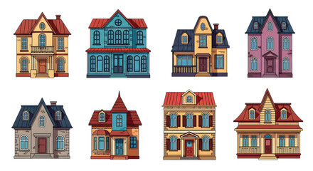 Fototapeta premium Collection of eight intricately detailed victorian style dollhouse buildings isolated on white background