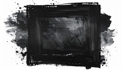 A black, rough, painterly square frame with ink splatter and brush strokes on white