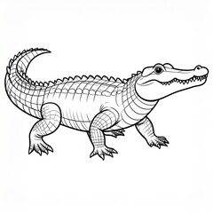 Fototapeta premium A black and white line art illustration of an alligator standing in profile on a plain white background, suitable for a coloring book.