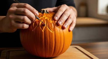 A person's hands carefully carving a decorative pattern into the side of an orange pumpkin with a carving tool.