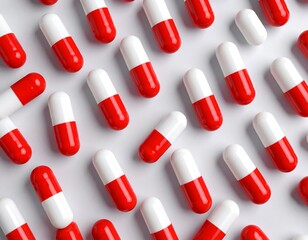 Red and white pills arranged on a white background