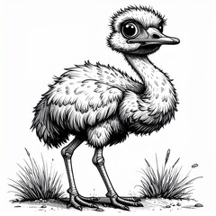 Cartoon illustration of a cute emu chick standing in grass.