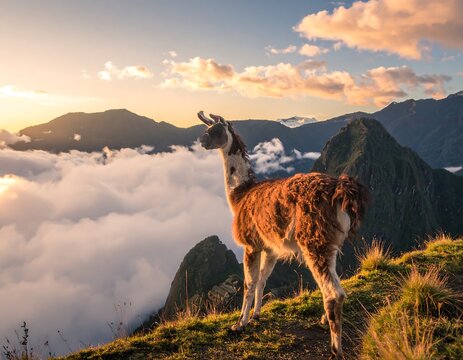 Llama gazing at a breathtaking Andean sunrise over Machu Picchu - Powered by Adobe