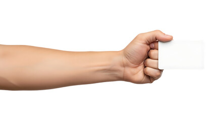 Fototapeta premium Human hand holding a blank white card for information or advertising isolated on white background