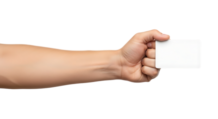 Human hand holding a blank white card for information or advertising isolated on white background