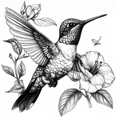 A detailed black and white line art illustration of a hummingbird hovering gracefully among hibiscus flowers and leaves.