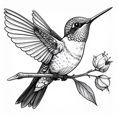 Detailed black and white drawing of a hummingbird perched on a branch with flowers.