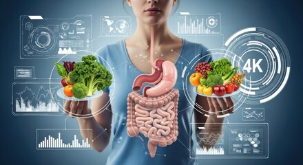 A woman holding a healthy diet concept with vegetables and a healthy digestive system.
