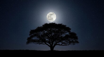 Fototapeta premium A solitary tree stands against a starry night sky, with the full moon illuminating its silhouette.