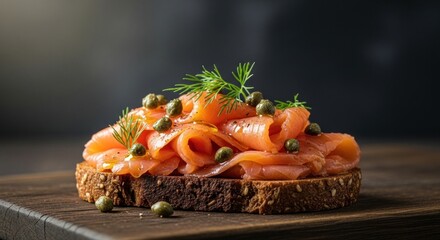 A slice of smoked salmon on a slice of bread with dill and capers on a wooden table.