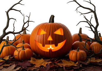 Vector art of a carved jackolantern with a spooky face and glowing light sits on a bed of autumn leaves surrounded by bare branches