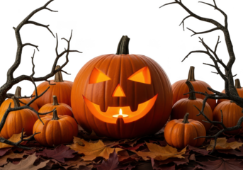 Vector art of a carved jackolantern with a spooky face and glowing light sits on a bed of autumn leaves surrounded by bare branches