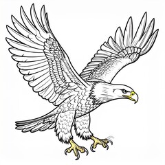A powerful eagle is depicted in a detailed black and white line drawing, with wings spread wide and talons extended for landing.