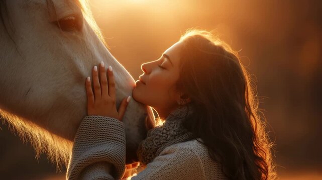 Gentle connection and calm affection between woman and horse at warm sunset, expressing deep gratitude and peaceful bond in natural light