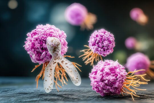 High detail microscopic visualization of macrophages moving through human tissue with sharp biological textures and photorealistic style.