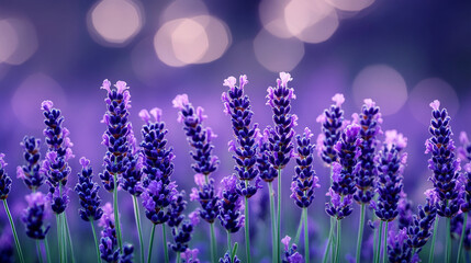 Fototapeta premium Panoramic view of blooming purple lavender fields. Symbol of beauty, calmness, and natural aromatherapy. Serene floral landscape radiating fragrance, freshness, and seasonal elegance.