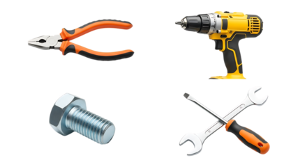 Collection of common hand tools and hardware items isolated on a clean white background for easy use isolated on white background
