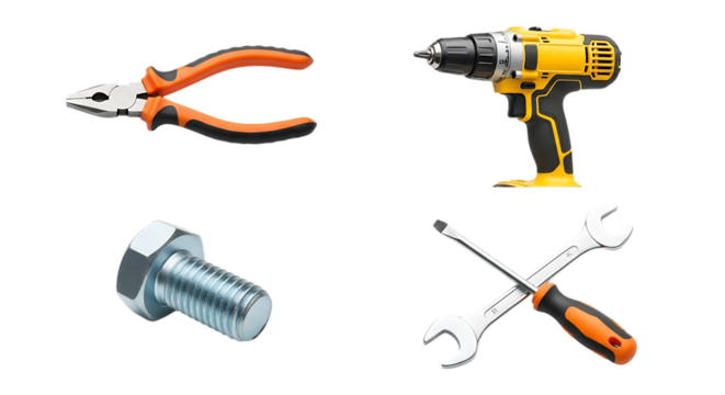 Collection of common hand tools and hardware items isolated on a clean white background for easy use isolated on white background