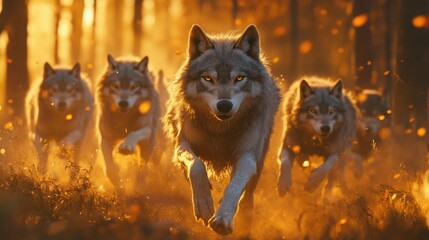 Running wolf pack as spirit animals in an energetic, nature-filled forest setting.