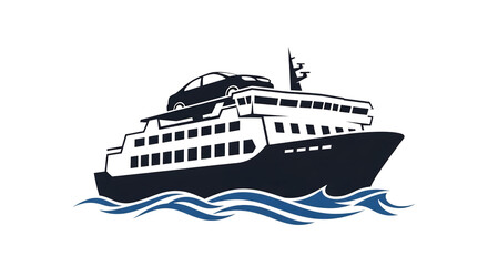 Obraz premium A dark silhouette of a large passenger cruise ship sailing on blue wavy water isolated on white background