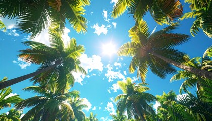 Upward perspective showcases palm trees under a radiant sun and clear blue sky