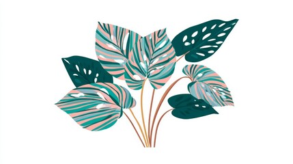Fototapeta premium Illustration of a plant with large leaves in shades of green and pink.