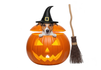 Vector art of a small dog wearing a witch hat peeking out of a carved halloween pumpkin with a witchs broom nearby