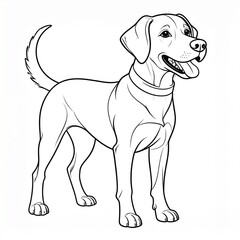 Line drawing of a happy dog standing, with a collar, tail curled, and tongue out.
