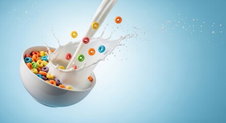 A bowl of colorful cereal and milk splashing out.