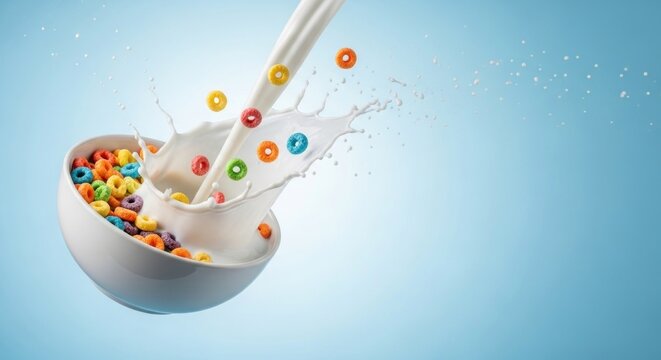 A bowl of colorful cereal and milk splashing out.
