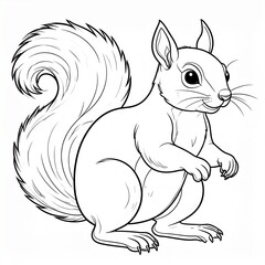 A black and white line art illustration of a cute squirrel with a bushy tail, designed as a printable coloring page for children.