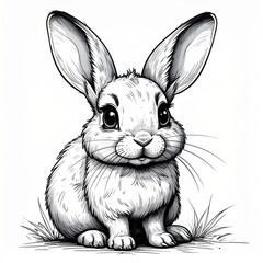 A detailed black and white sketch of a fluffy bunny with large ears sitting in grass.