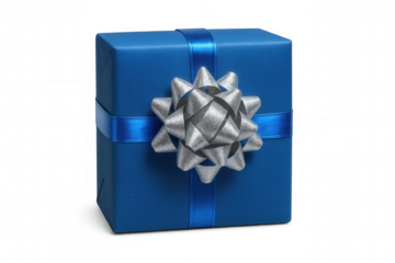 Blue gift box with silver bow and ribbon, celebrating birthday, anniversary, or holiday events