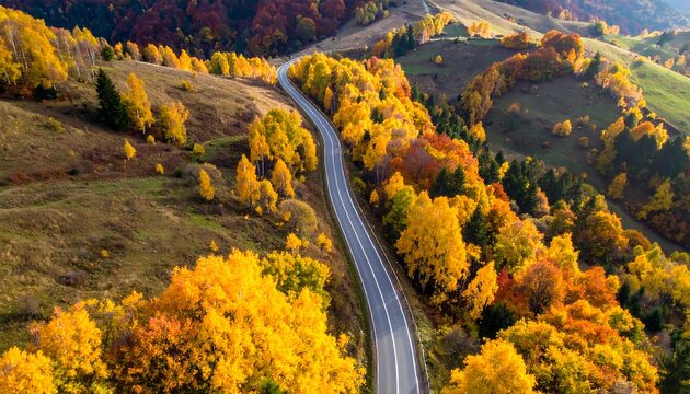 Aerial view of a winding road through a vibrant autumn forest on rolling hills