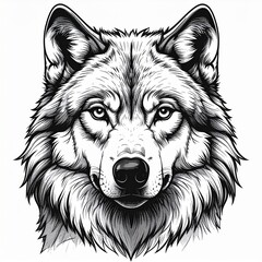 Detailed black and white illustration of a majestic wolf's head with intricate fur and intense eyes, facing forward.