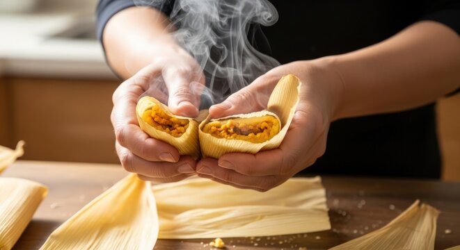 A person is holding two steaming tamales, one split in half, revealing the filling, surrounded by corn husks.