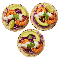Shrimp tacos with avocado and cabbage isolated on a transparent background lime