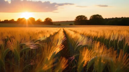 Fototapeta premium Golden Hour Sunlight Illuminates Wheat Field at Sunset, Creating