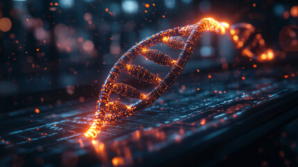 Photorealistic glowing DNA double helix in a futuristic medical lab with holographic interface symbolizing genetics biotechnology genomics research and scientific innovation.