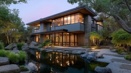 Fototapeta premium Modern house in lush greenery at dusk with warm interior lighting, clean lines, large glass windows, tranquil pond,