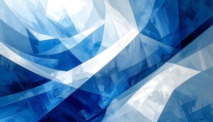 Abstract, flowing, blue and white shapes creating a dynamic composition