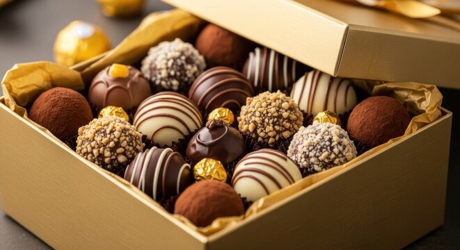 A box of assorted chocolates with a gold lid.