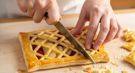 A person is carefully cutting a lattice-topped pastry with a knife on a wooden cutting board, revealing a fruit filling.