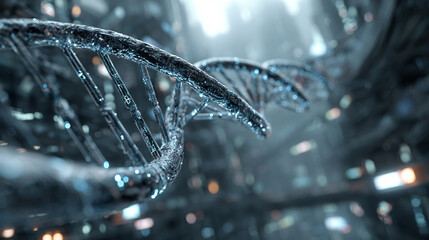 Photorealistic glowing DNA double helix in a futuristic medical lab with holographic interface symbolizing genetics biotechnology genomics research and scientific innovation.