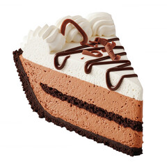 Decadent chocolate mousse pie slice with whipped cream and chocolate drizzle isolated on a transparent background