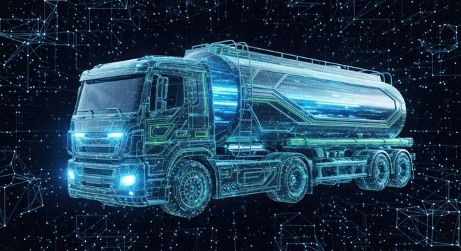 A futuristic, transparent, glowing, industrial-looking truck with a digital, wireframe design, surrounded by a network of lines and dots on a dark background.