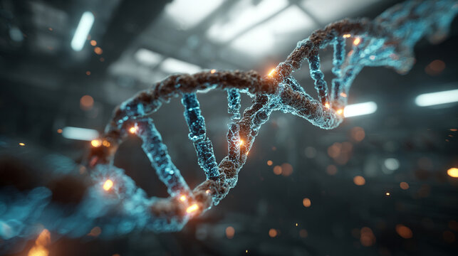 Photorealistic glowing DNA double helix in a futuristic medical lab with holographic interface symbolizing genetics biotechnology genomics research and scientific innovation. - Powered by Adobe