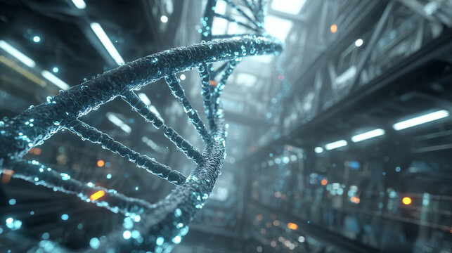 Photorealistic glowing DNA double helix in a futuristic medical lab with holographic interface symbolizing genetics biotechnology genomics research and scientific innovation.
