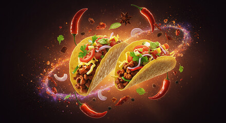 Two tacos surrounded by fiery glowing energy, blending Mexican cuisine with fantasy and surreal artwork.